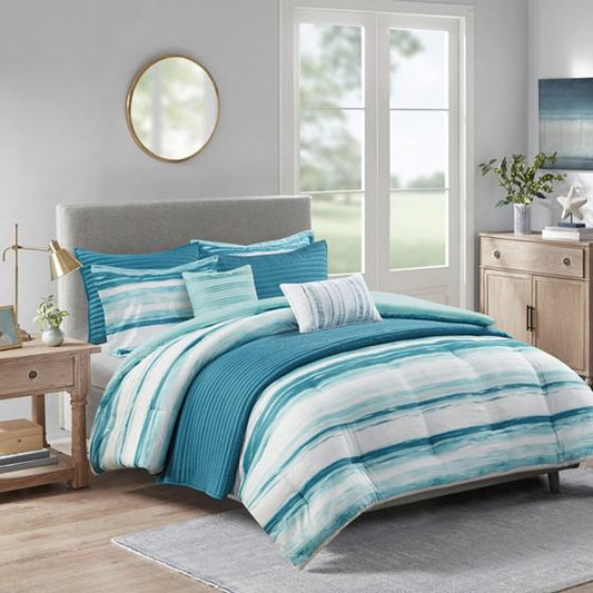 8 Piece Printed Seersucker Comforter and Coverlet Set Collection, Aqua, 90x90x1.5