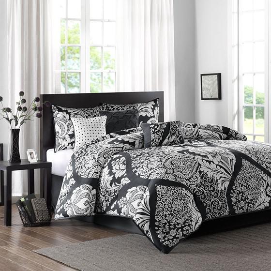 7 Piece Cotton Printed Comforter Set, Black, 90x90x1.5