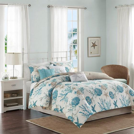 7 Piece Cotton Sateen Comforter Set, Aqua, 90x90x1.5