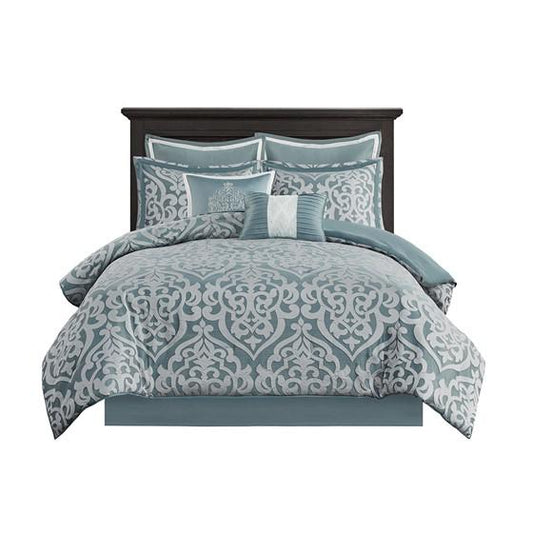 8 Piece Jacquard Comforter Set, Aqua, 90x90x1.5