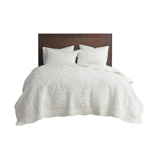 100% Polyester Embroidery PV Fur Coverlet Set - Ivory