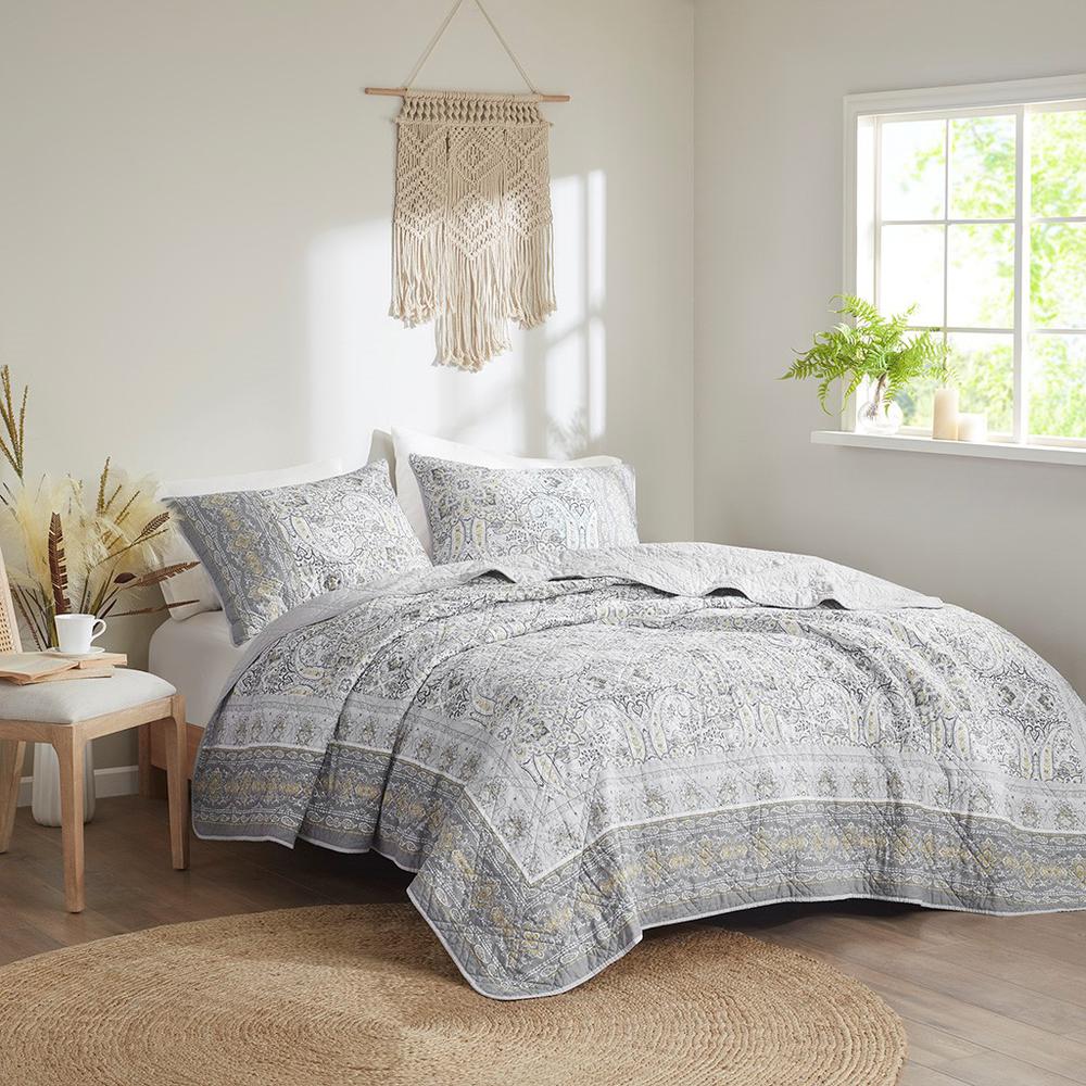 3 Piece Reversible Cotton Coverlet Set, 90x90, Gray