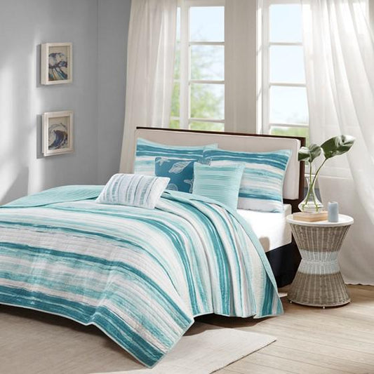 6 Piece Quilted Microfiber Coverlet Set, Aqua, 90x90x0.25