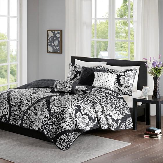 6 Piece Reversible Coverlet Set, Black, 90x90x0.25