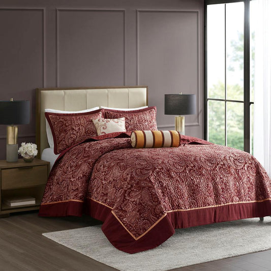 5 Piece Reversible Jacquard Bedspread Set, 102x118, Burgundy