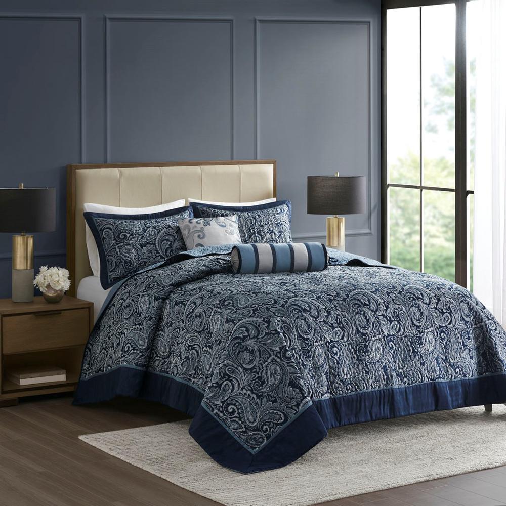 5 Piece Reversible Jacquard Bedspread Set, 102x118, Navy