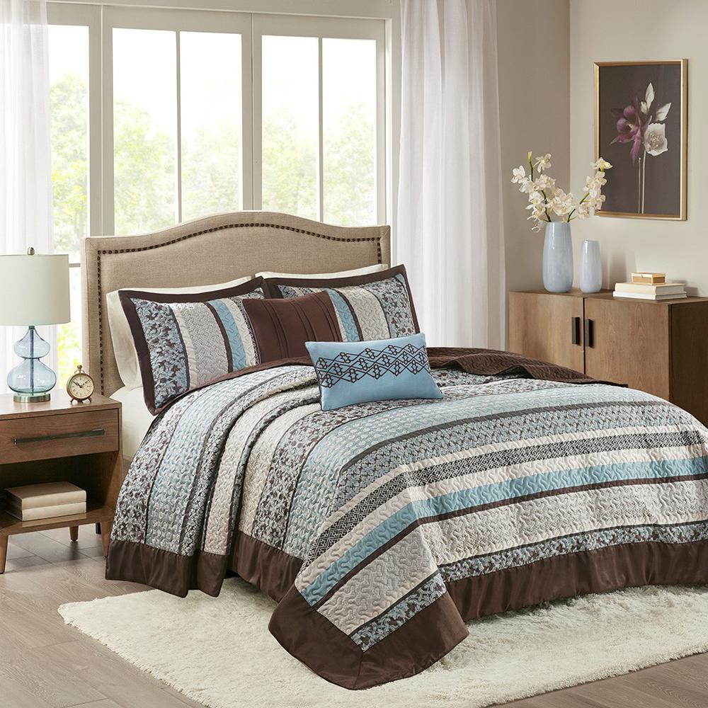 5 Piece Reversible Jacquard Bedspread Set, 120x118, Blue