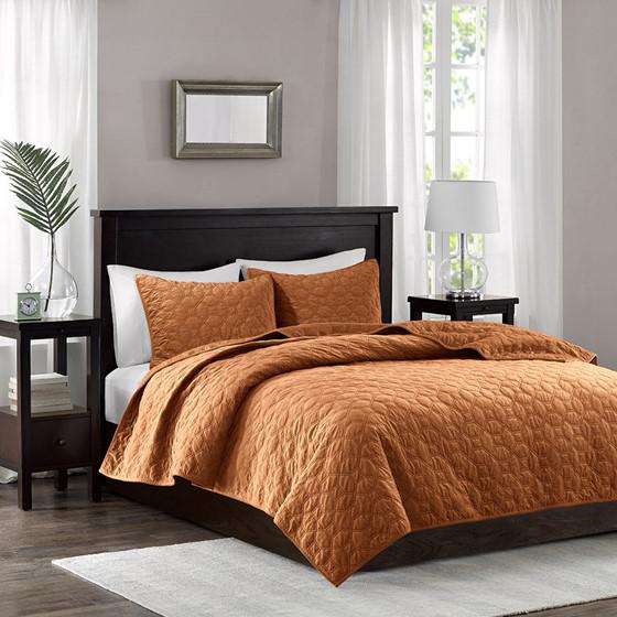 Faux Velvet Reversible 3 Piece Coverlet Set, Rust, 90x90x0.25