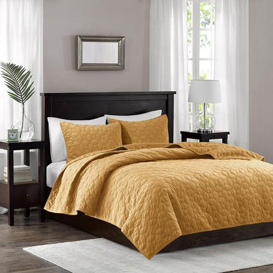 Faux Velvet Reversible 3 Piece Coverlet Set, Mustard, 90x90x0.25