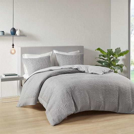 3 Piece Oversized Knit Quilted Top Duvet Cover Mini Set, Grey, 92x96x0.13