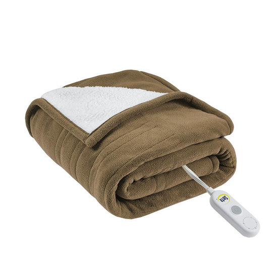 100% Polyester Fleece to Sherpa Heated Throw, Brown