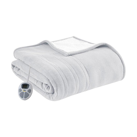 100% Polyester Fleece to Sherpa Heated Blanket in Light Grey