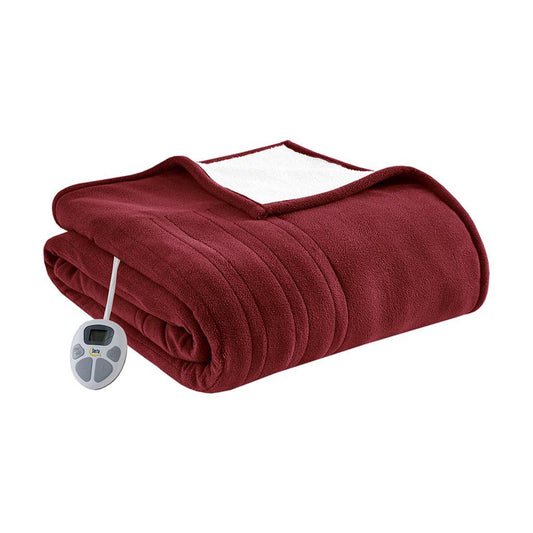 100% Polyester Fleece to Sherpa Heated Blanket in Burgundy