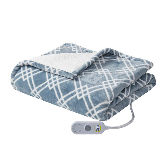 100% Polyester Print Microlight to Sherpa Heated Throw, Blue