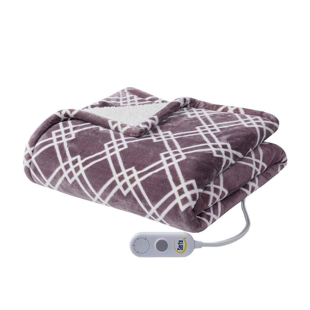 100% Polyester Print Microlight to Sherpa Heated Throw, Plum