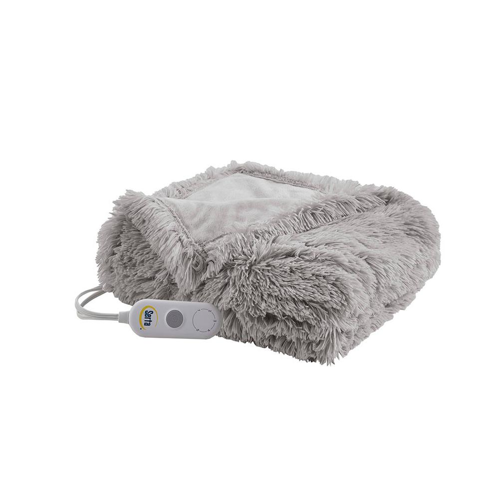 100% Polyester Shaggy Fur Heated Throw, Grey