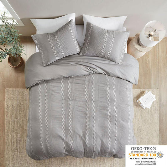 3 Piece Cotton Gauze Waffle Weave Comforter Set, 88x92, Grey