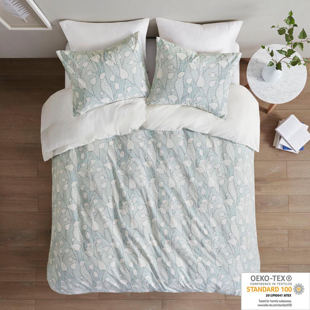 3 Piece Vine Printed Cotton Comforter Set, 88x92, Aqua