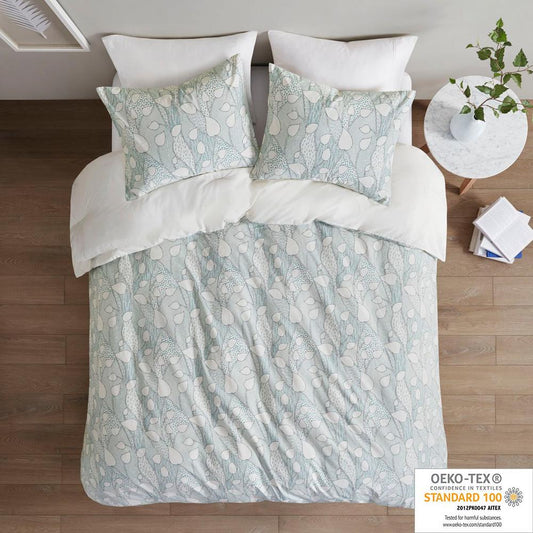 3 Piece Vine Printed Cotton Duvet Cover Set, 88x92, Aqua