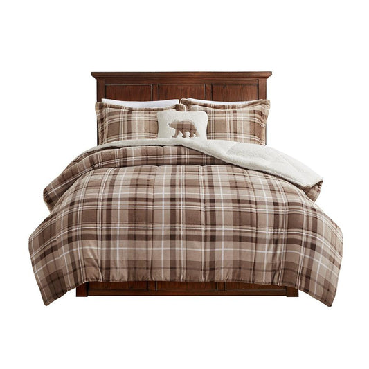 100% Polyester Plush to Sherpa Comforter Set, Tan Plaid