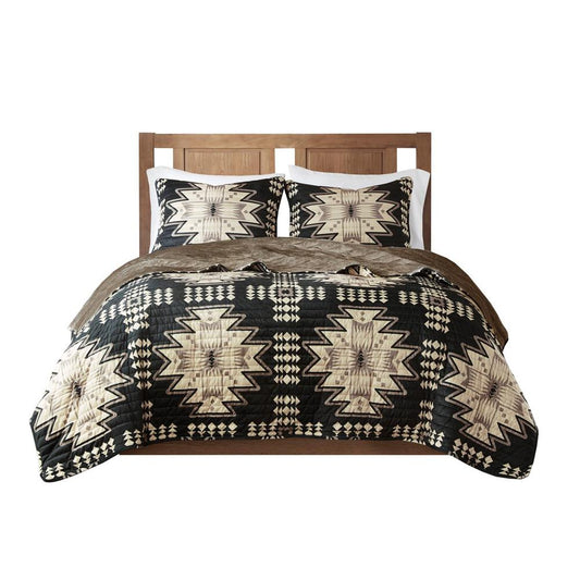 100% Polyester Sierra Print Plush Coverlet Set, Tan/Black