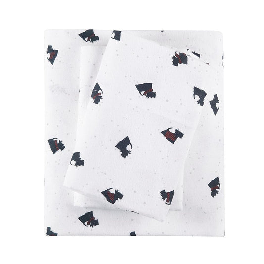 100% Cotton Flannel Printed Sheet Set, Black/White Scottie Dogs (WR20-3313)