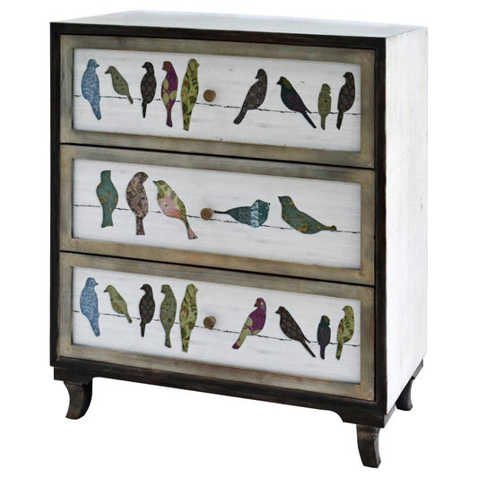 Crestview Collection Birds on a Wire 3 Drawer Painted Chest Furniture, White