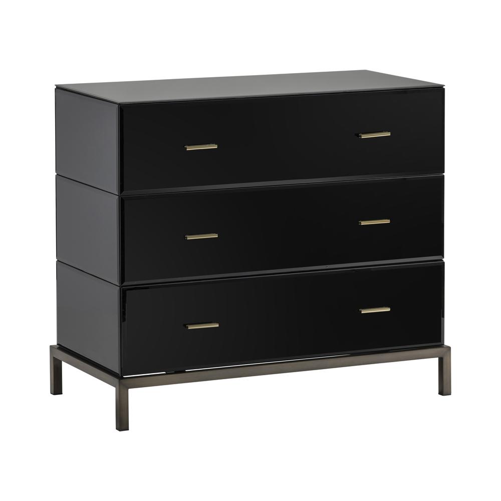 Crestview Collection Mercury Black Glass and Antique Brass 3 Drawer Chest