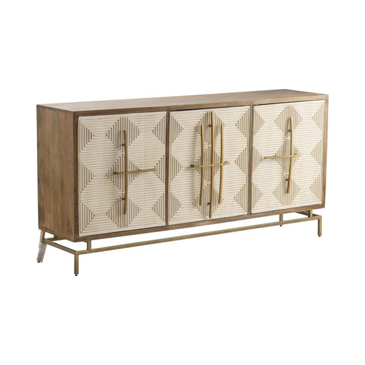 Bengal Manor Mango Wood 3 White Pattern Door Sideboard with Unique Antique Gold Hardware