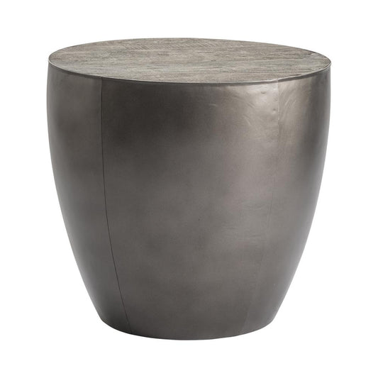 Bengal Manor Distressed Grey Mango Wood and Pewter Metal Drum Base Round End Table