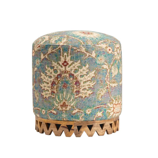 Evolution by Crestview Grace Wood and Fabric Carved Stool in Blue