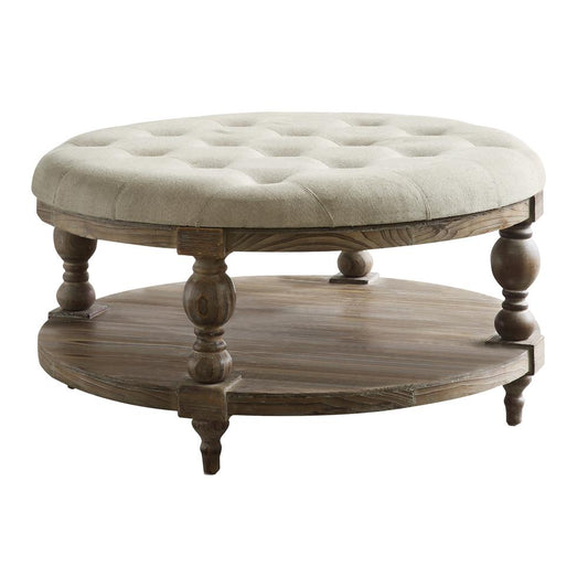 Crestview Collection Tahoe Rustic Wood and Round Linen Ottoman Brown Wood