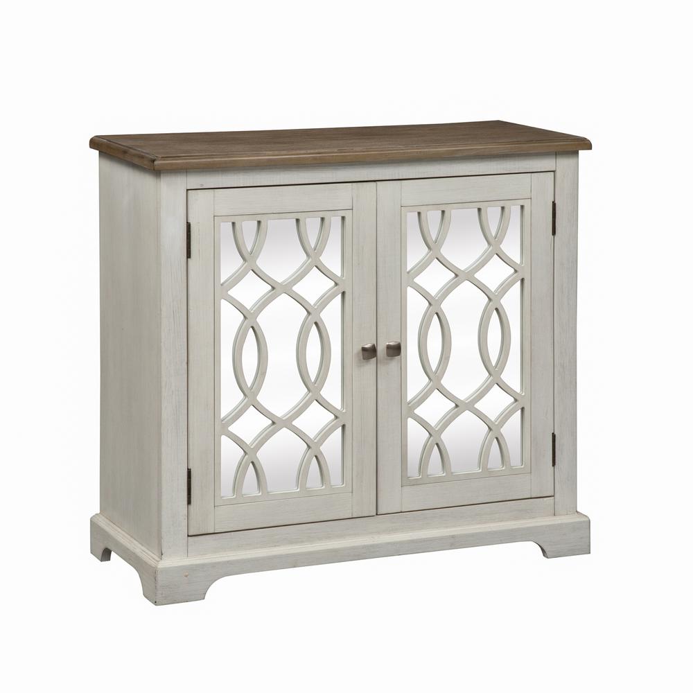 2 Door Mirrored Accent Cabinet, Antique White Finish with Weathered Bronze Tops