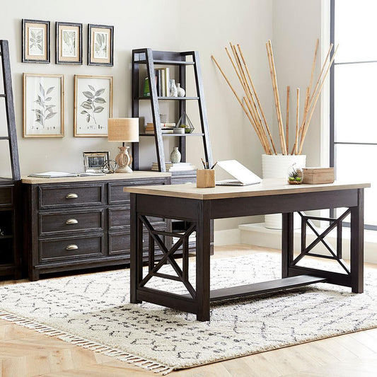 Writing Desk W60xD30xH30,Credenza W54xD22xH30,Leaning Bookcase Piers W24xD16xH72