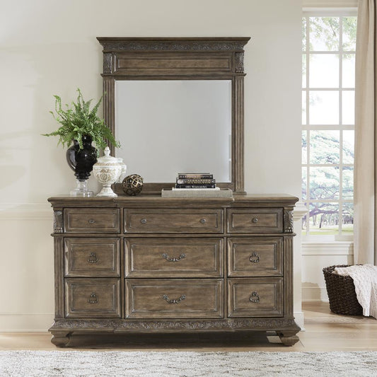 Carlisle Court Dresser & Mirror - Chestnut with Gray Dusty Wax Finish