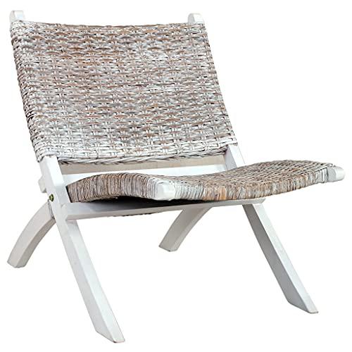 vidaXL Relaxing Chair White Natural Kubu Rattan and Solid Mahogany Wood 5800