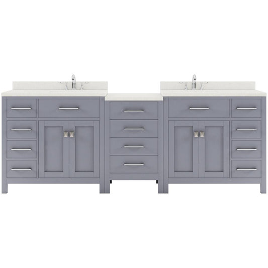 Caroline Parkway 93" Double Bath Vanity in Gray with White Quartz Top and Square Sinks with Brushed Nickel Faucets