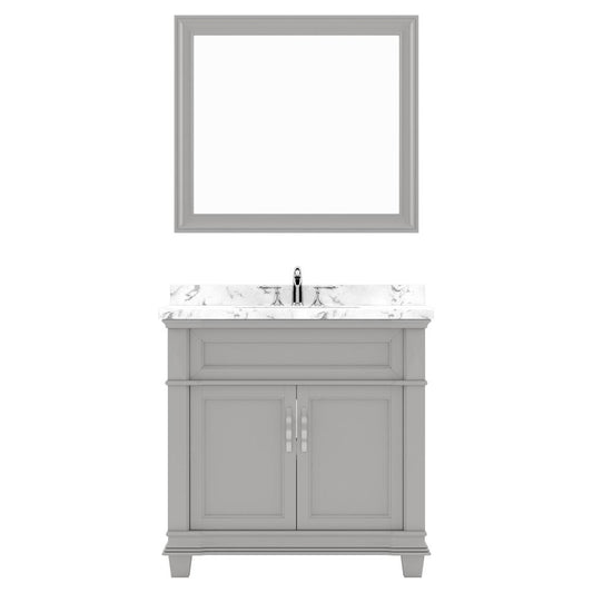 Victoria 36" Single Bath Vanity in Gray with Cultured Marble Quartz Top and Round Sink with Matching Mirror