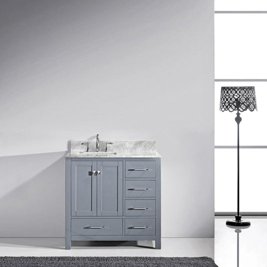 36" Single Bath Vanity in Gray with White Marble Top and Square Sink