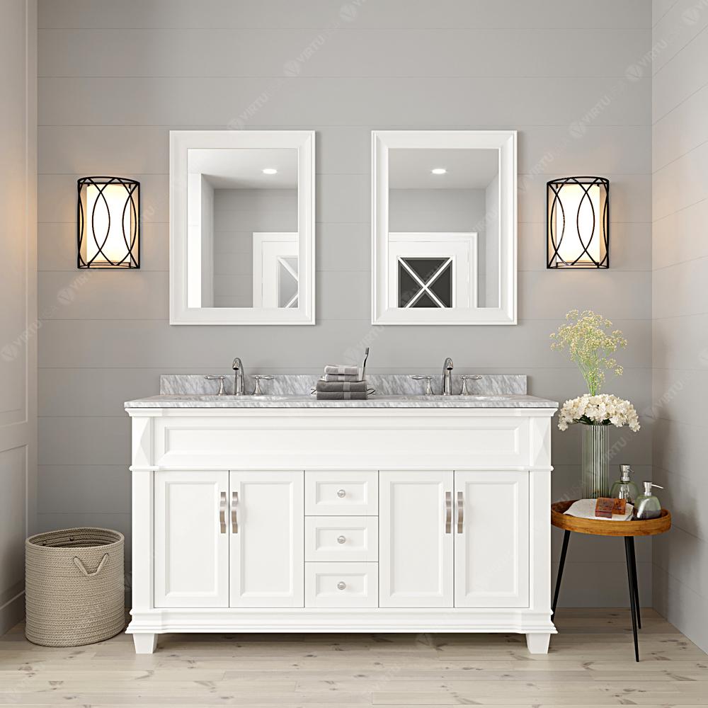 Victoria 60" Bath Vanity in White with Marble Top and Sinks and Mirror MD-2660-WMRO-WH