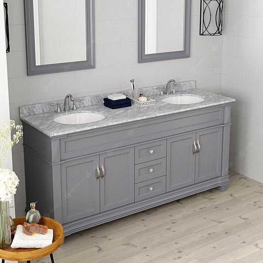 Victoria 72" Bath Vanity in Gray with Marble Top and Sinks and Mirror MD-2672-WMRO-GR