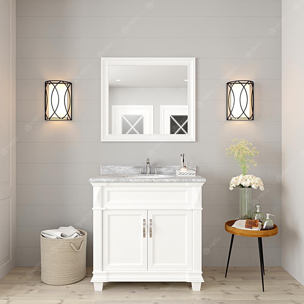 Victoria 36" Bath Vanity in White with Marble Top and Sink and Mirror MS-2636-WMRO-WH