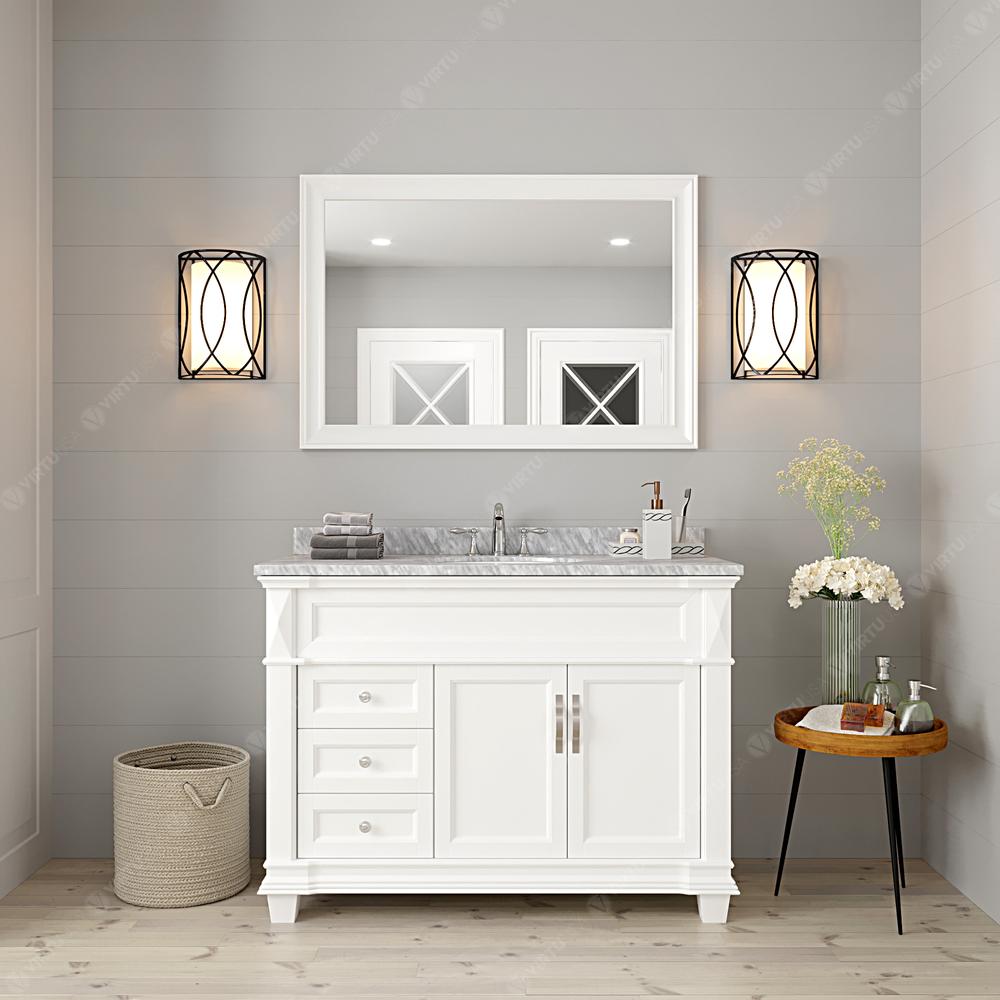 Victoria 48" Bath Vanity in White with Marble Top and Sink and Mirror MS-2648-WMRO-WH