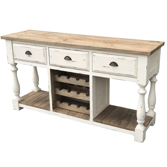 Farmhouse Console Wine Rack White Chalk Finish and Natural Top