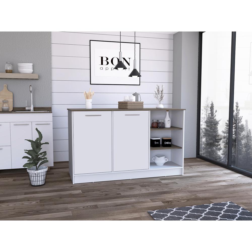 DEPOT E-SHOP Mars Kitchen Island-Two Cabinets, Countertop, Three Open Shelves-White/Dark Brown, For Kitchen