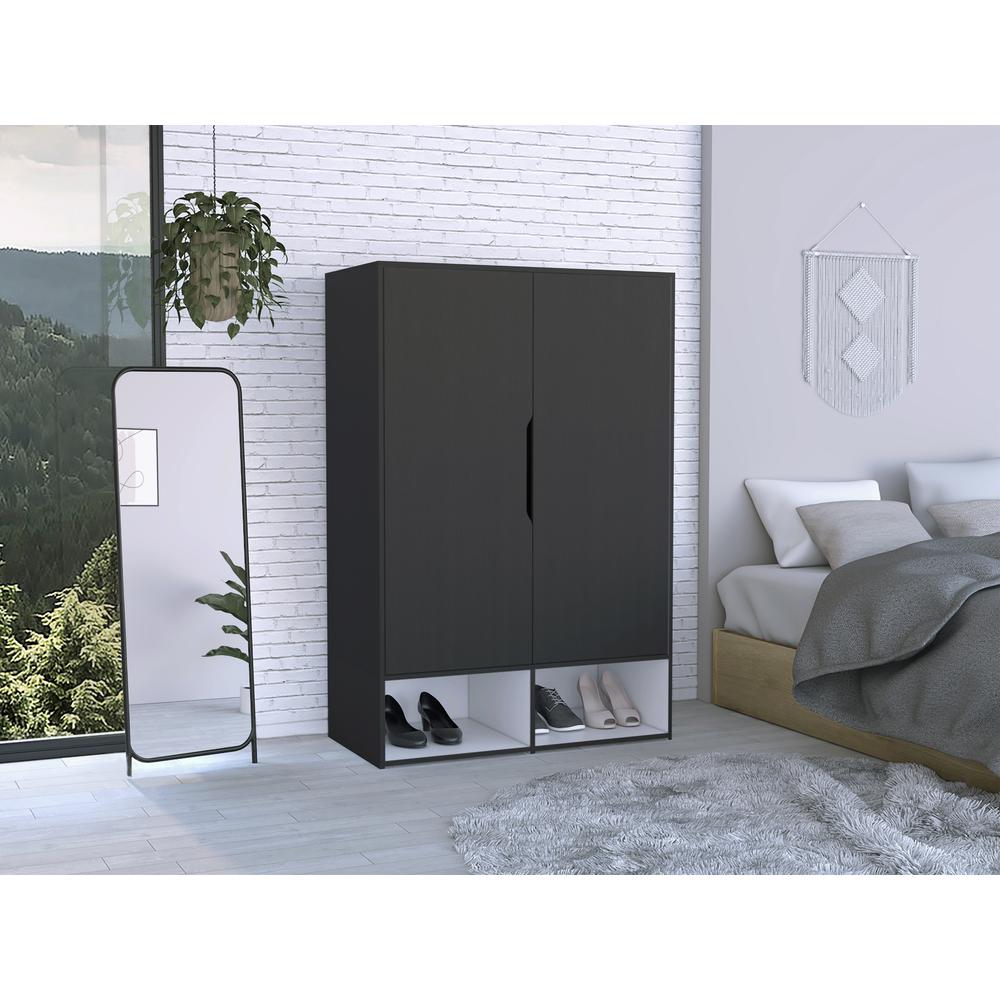 DEPOT E-SHOP Bamboo Armoire-Two Doors, Five Shelves, Hanging Rod, Two Open Shelves-Black/White, For Bedroom