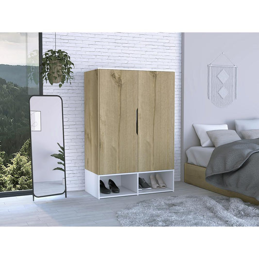 DEPOT E-SHOP Bamboo Armoire-Two Doors, Five Shelves, Hanging Rod, Two Open Shelves-Light Oak/White, For Bedroom