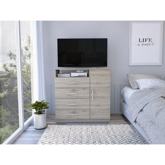 DEPOT E-SHOP Rioja 4 Drawer Dresser,Four Drawers, One Open Shelf, Countertop, One-Door Cabinet, Light Grey, For Bedropom