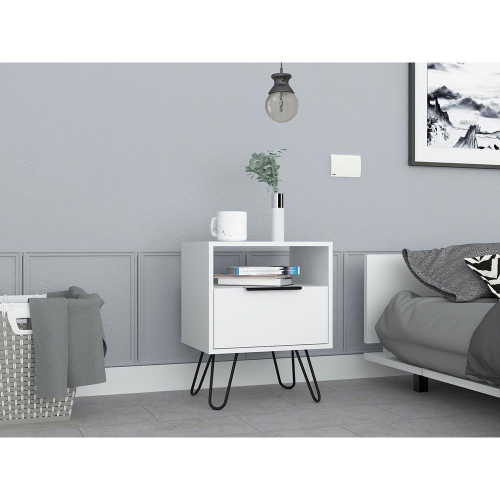 DEPOT E-SHOP Begonia Night Stand-Two Shelves, One-Door Drawer, Four Steel Legs-White, For Bedroom