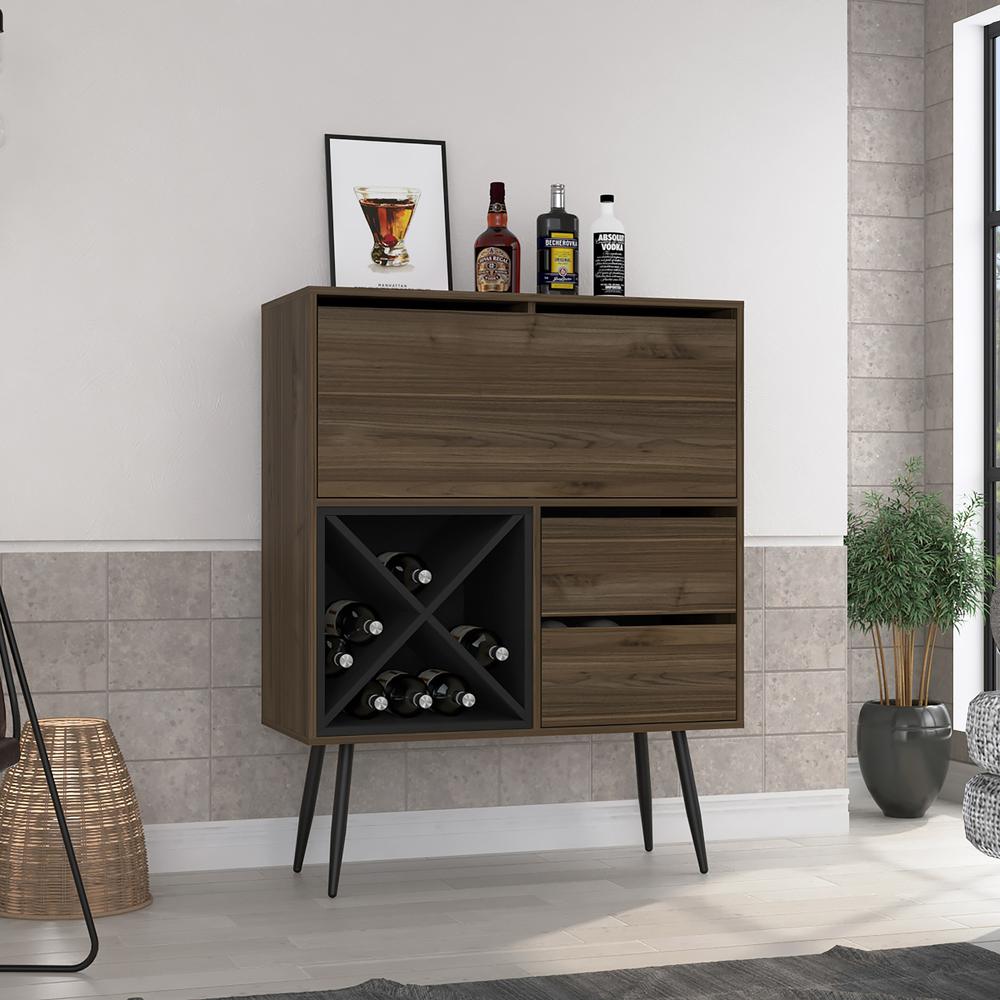 DEPOT E-SHOP Thistle Bar-Two Drawers, Four Double Racks, One Cabinet-Mahogany/Black, For Living Room